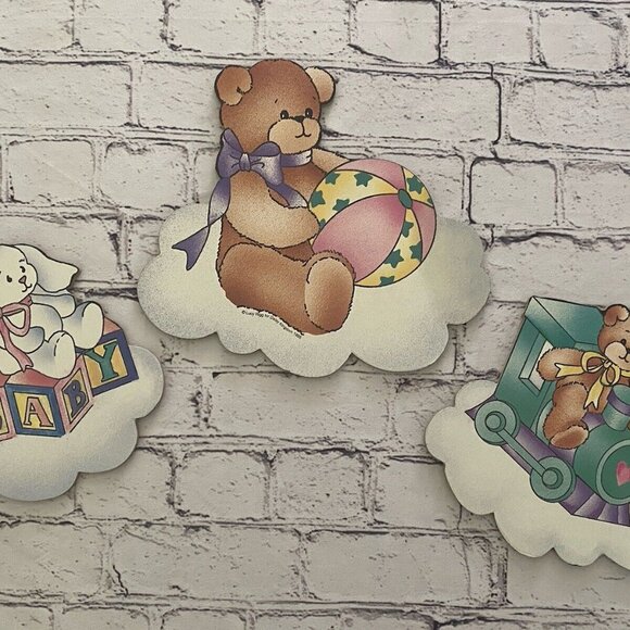 Teddy Bear Wall Hangings Baby's Room Lucy Rigg Daisy Kingdom 1995 Vintage‎ Set 3 - Picture 1 of 16